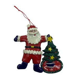 Vintage SILVESTRI Santa and Christmas Tree Handmade Painted Ornament 5"x5"